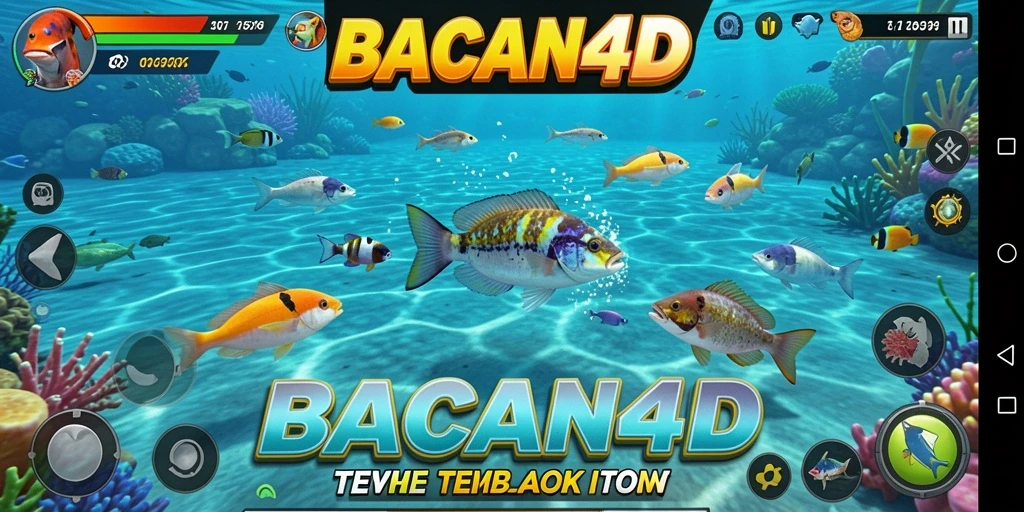 Tampilan gameplay BACAN4D yang menarik saat menembak ikan berwarna-warni.