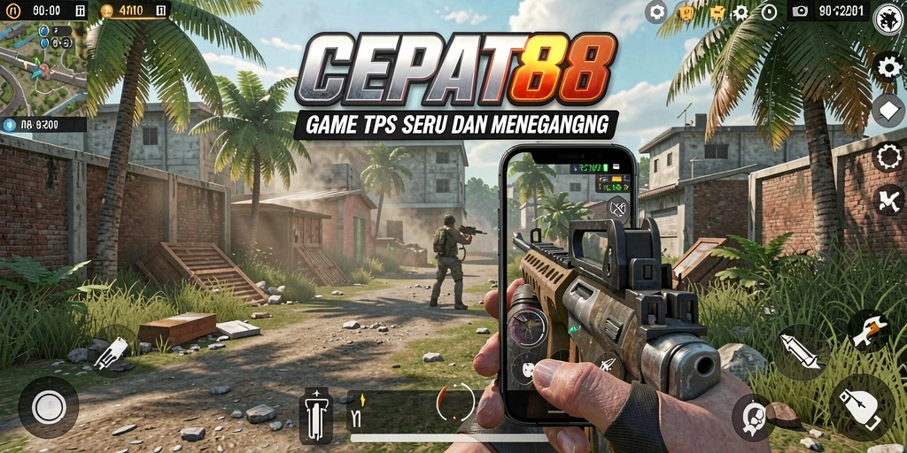 Screenshot gameplay utama CEPAT88 yang menunjukkan pertarungan TPS yang seru.