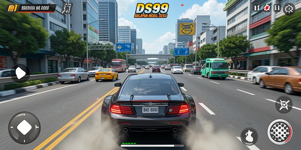 Gameplay Racing DS99 dengan mobil yang melaju kencang di berbagai trek.