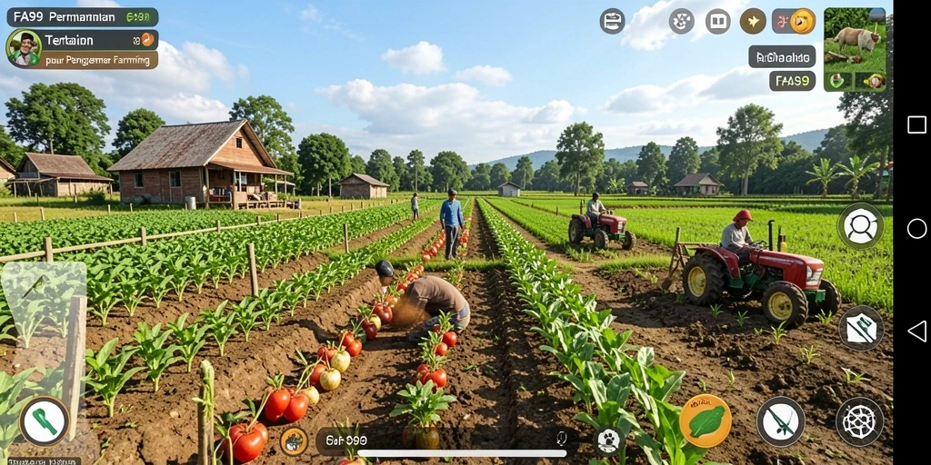 Tangkapan layar gameplay FA99 menampilkan pertanian yang subur dan aktif.