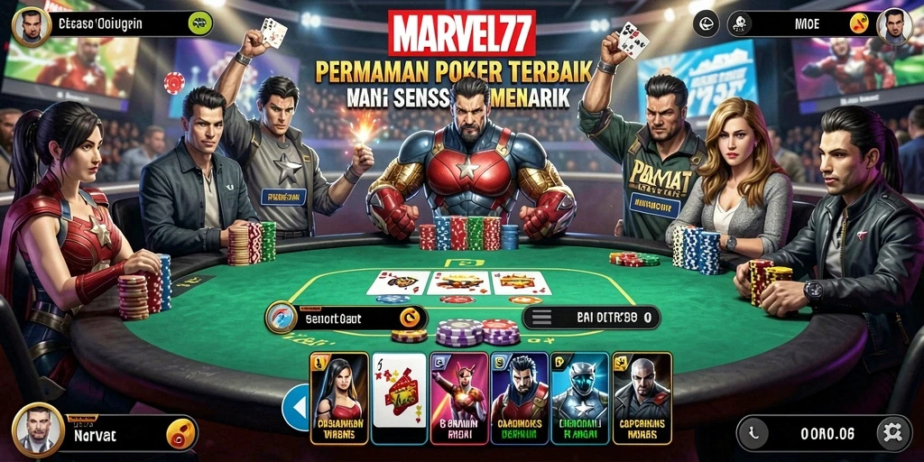 Screenshot gameplay MARVEL77 menampilkan suasana poker yang seru dan mendebarkan.