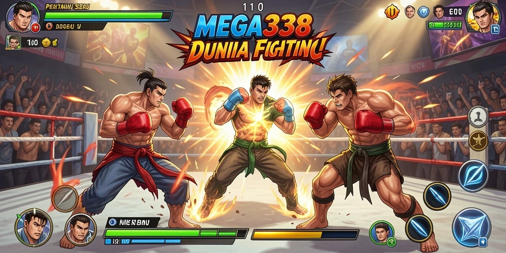 Tangkapan layar MEGA338 menampilkan pertarungan intens antar karakter.