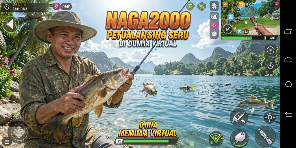 Screenshot gameplay NAGA2000 yang menampilkan aksi memancing yang mendebarkan.