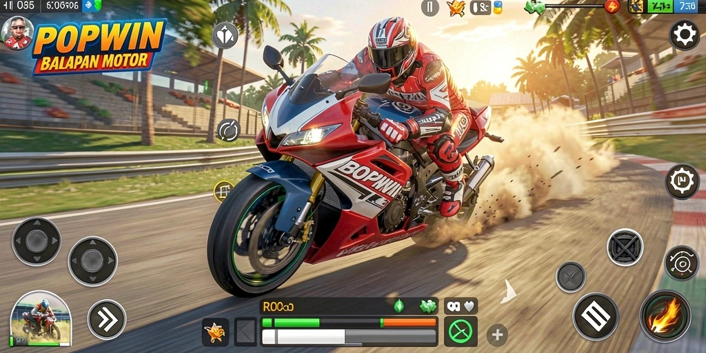 Screenshot menunjukkan gameplay balapan motor yang mendebarkan.