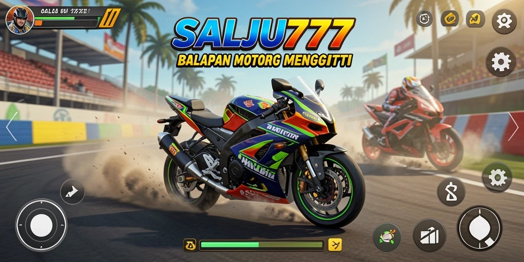 Screenshot utama SALJU777 menampilkan perlombaan motor yang mendebarkan dan aksi balap seru.
