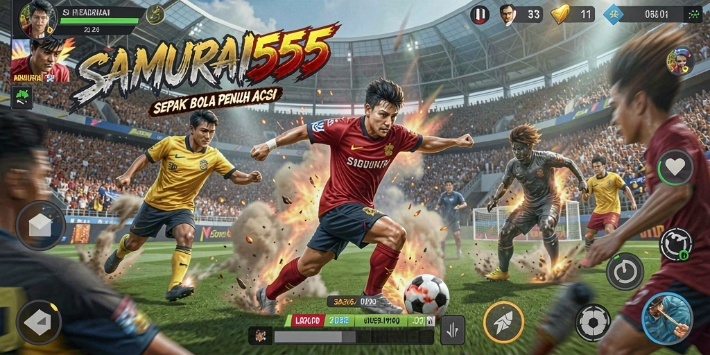 Tangkapan layar gameplay SAMURAI555 yang menampilkan aksi sepak bola yang mendebarkan.