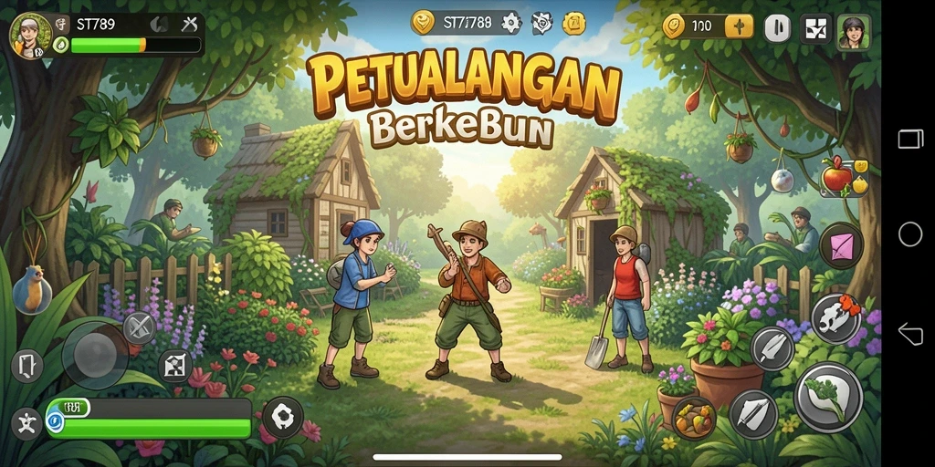 Tampilan gameplay <strong>ST789</strong> yang menampilkan aktivitas berkebun dan peternakan.