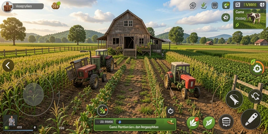 Screenshot gameplay V89 menampilkan pertanian yang indah dan aktivitas berkebun.